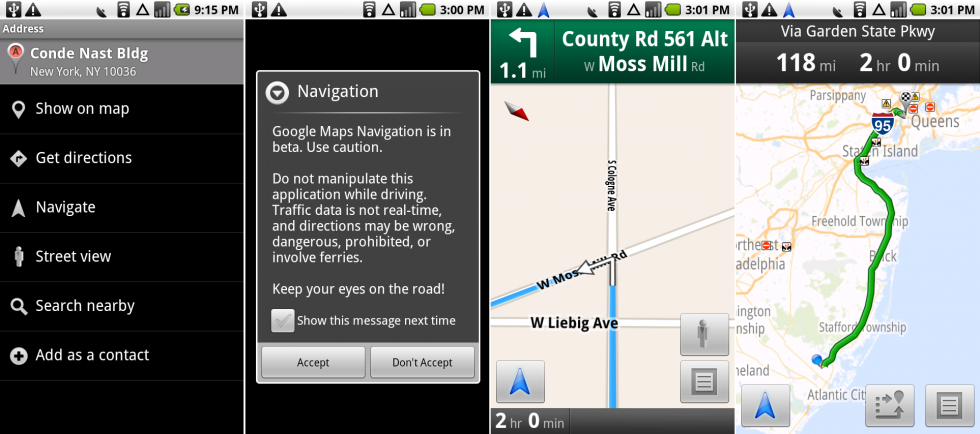 A Places page, showing the “Navigate" option, the Navigation disclaimer, the actual Navigation screen, and the traffic info screen.
