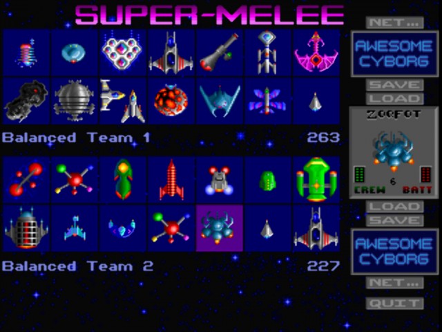 Building a pair of fleets to fight to the death in Super Melee (this is from <em>The Ur-Quan Masters</em>—note netplay buttons).