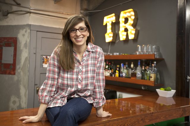 Leah Busque, founder of Task Rabbit, at the bar her husband built for company happy hour (located in the Task Rabbit office in San Francisco).