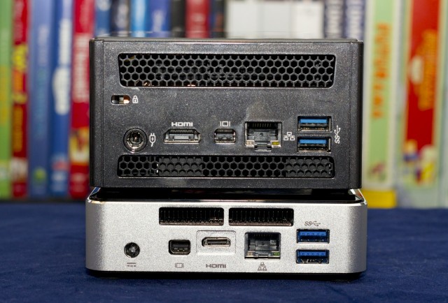 The port layout is essentially identical—two USB 3.0 ports and an audio jack on the front; two USB 3.0 ports, a gigabit Ethernet jack, a mini DisplayPort, a full-size HDMI port, and a Kensington lock slot on the back. The NUC uses mini-HDMI, so the Brix will save you the cost of an adapter if you want to hook this thing up to your TV or an HDMI-equipped monitor.