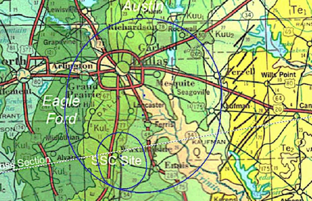 Green is good. In this case, it represents rock that's easy to drill through. Blue lines represent the two planned accelerator loops, one of which neatly encircles Dallas.