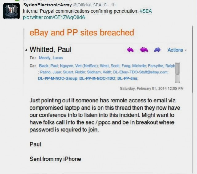 This e-mail, purportedly sent by a security incident handler for eBay, was posted by members of a pro-Syrian hacker group. It has since been removed from Twitter.