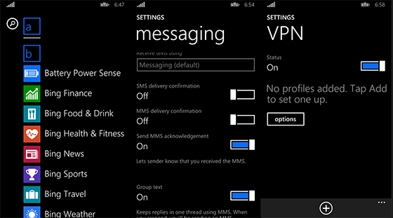 From left to right: the new battery sense app, the ability to set other apps as the default SMS/messaging client, and VPN support.