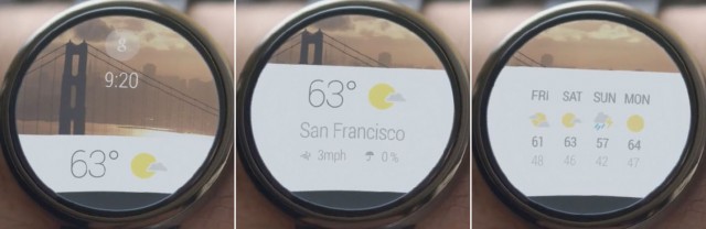The Android Wear home screen showing a weather notification.
