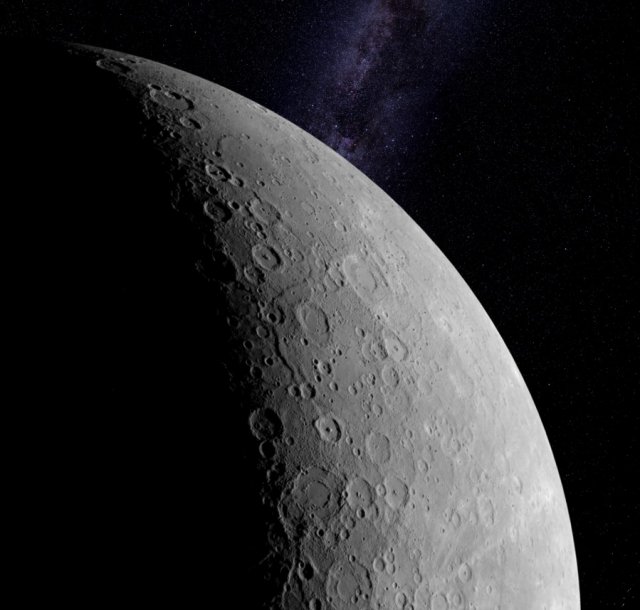 The curving ridge near the day/night divide in the center of this image is one example of the features created by Mercury's contraction.