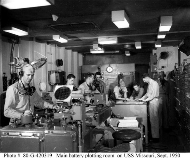 The Main Battery Plot room aboard the USS Missouri, where the Rangekeeper Mark 8 and its associated analog computing hardware was tended to. The switchboards on the wall controlled which turrets and guns were under the system's control.
