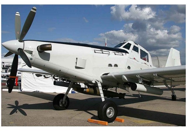 An Air Tractor equipped for combat on display at the Paris Air Show.