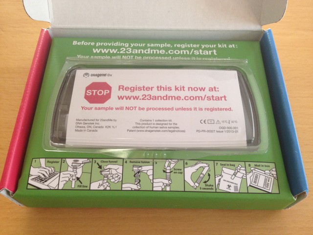 The genetic test kit from 23andMe.