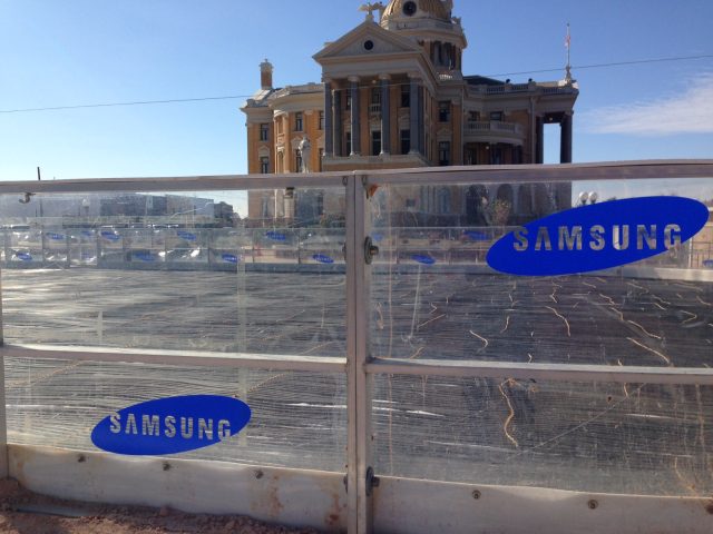 Winter ice rink in Marshall, Texas. The historic county courthouse is in the background. 