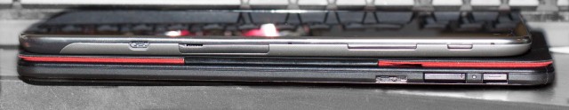 Miix 2 8 on top, ThinkPad 8 underneath. On the top, from left to right: USB 2, microSD (and micro SIM, on 3G models) behind the cover, volume button, power button. On the bottom: USB 3, volume, power.