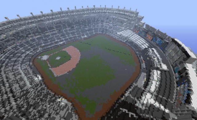 Yankee Stadium, rendered in <em>Minecraft</em> pointillism. 