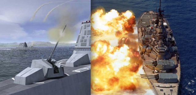 The Advanced Gun System, left, is intended to take on the role of the battleship's 16-inch guns, right.  Aside from its GPS-guided shell, the digital technology of the AGS's fire control system does exactly what the USS Iowa's Rangekeeper Mark 8 did—just with fewer people and less weight.