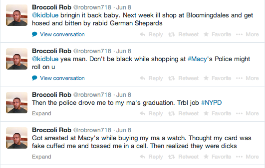 Screenshot of some of Rob Brown's tweets @Macy's after his incident. 