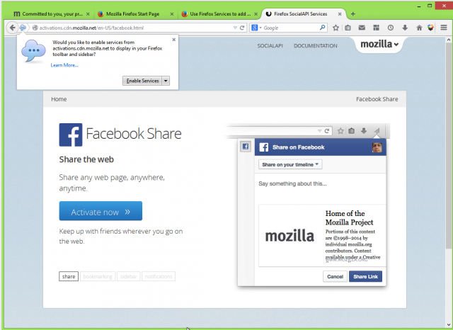 Click on the "activate now" link on Firefox's SocialAPI page for Facebook, and Firefox prompts you to enable the link-sharing service. It can then be launched from a paper airplane icon on the toolbar or in the menu.