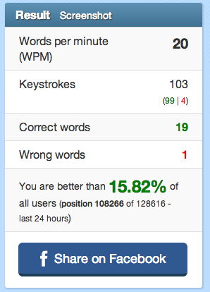 My Dvorak typing speed on 10fastfingers.com.