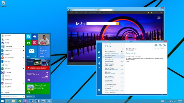 Microsoft's screenshot showed both the Start menu/Start screen hybrid <em>and</em> windowed Metro apps, but current rumors suggest they won't arrive at the same time.