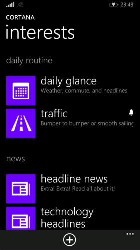 Some of the things I've told Cortana I care about. The little bell means that she can send me alerts to tell me when to leave the house to get to work. Fortunately for me, I don't actually have to leave the house to get to work.