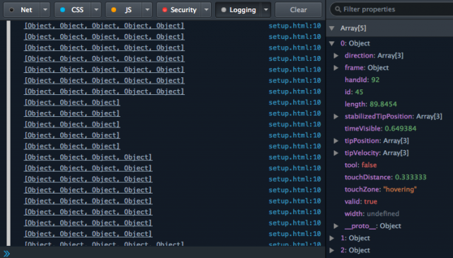 Examining arrays of pointable objects in the Firefox developer console.