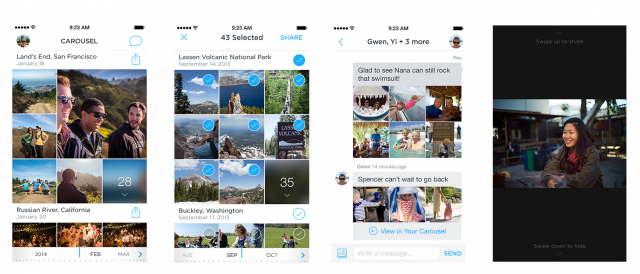 Screenshots from Dropbox's new photo syncing app, Carousel. 