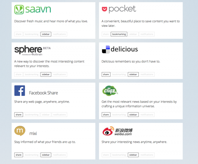 Eight of the SocialAPI-based services that can now be integrated into Firefox.