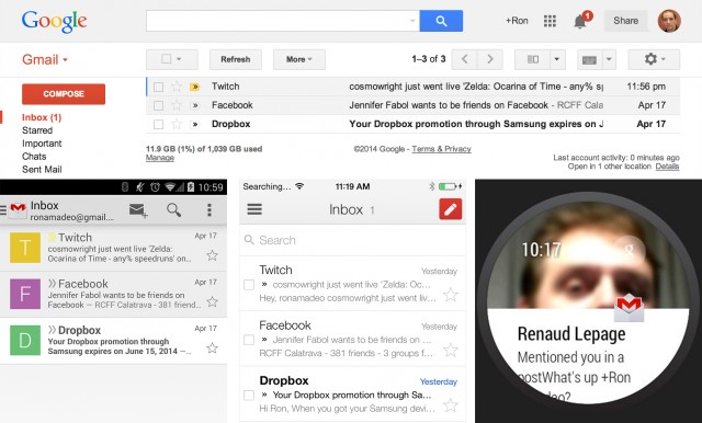 Top: Desktop Gmail. Bottom: Gmail on Android, iOS, and Android Wear.