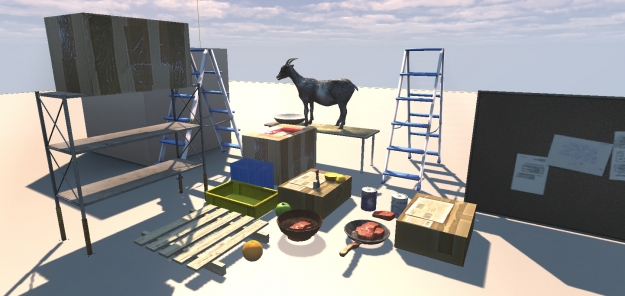 Ladders, boxes, bulletin boards, and some meat? Looks like a <em>Goat Simulator</em> party to us!