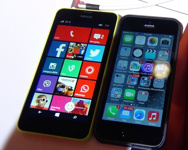 The Lumia 635, side by side with my iPhone 5S. Not a fair comparison on many counts, I know.