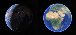Google Maps' accurate Earth versus Google Earth's cartoony Earth.
