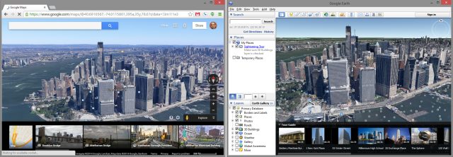 The "Google Earth layer" in Google Maps versus the Google Earth desktop application.