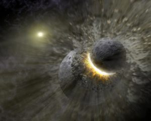 Artist's depiction of the giant impact scenario, in which a planetesimal collides with the young Earth.