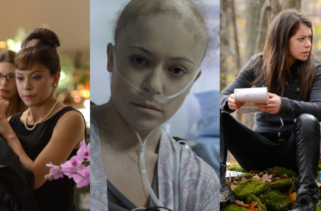 Tatiana Maslany, Tatiana Maslany, and Tatiana Maslany, portraying three of <em>Orphan Black</em>'s 11+ clones.