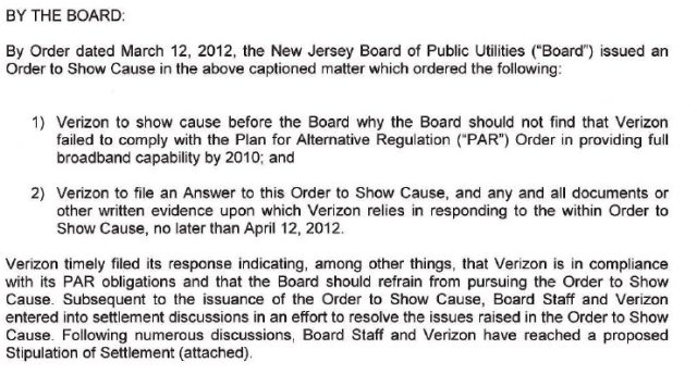 Verizon's proposed settlement with the state utility board.