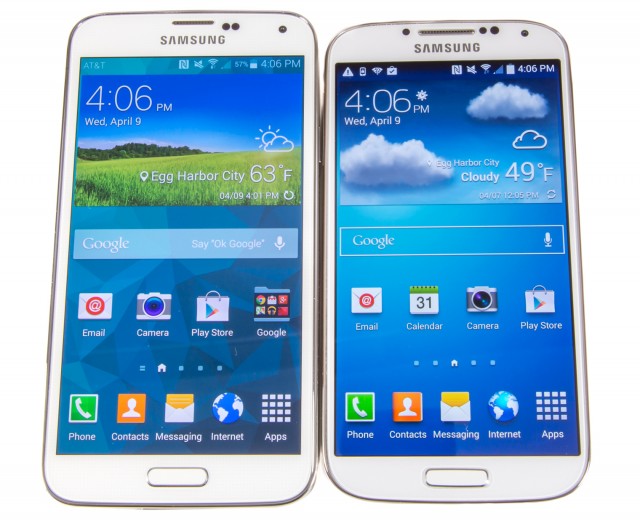 The Galaxy S5 (left) versus the Galaxy S4 (right). The S5 bezels need to go on a diet.