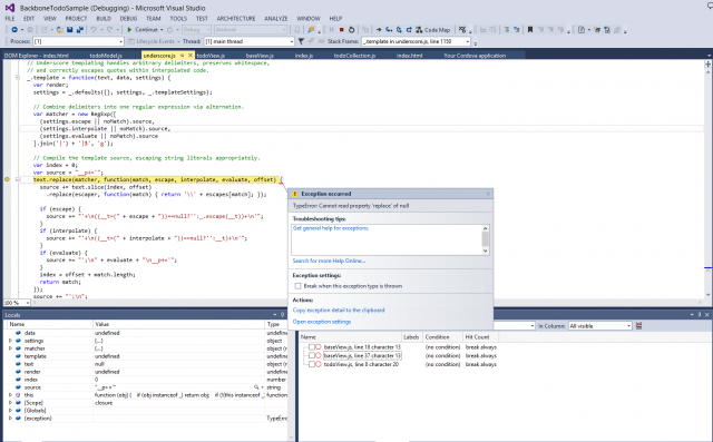 Debugging a Cordova application within Visual Studio. This application uses the underscore.js library.