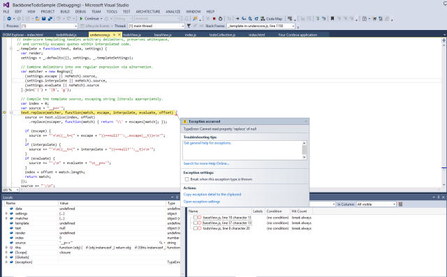 Debugging a Cordova application within Visual Studio. This application uses the underscore.js library.