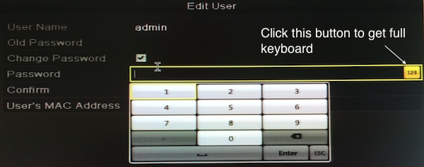 The dialog that appears when users want to manually change the default password on their EPCOM Hikvision S04 DVR.