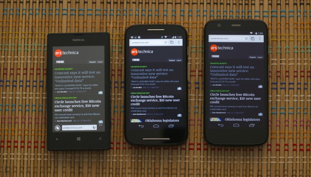 Even head-on, you can see the Lumia 520's screen (left) has grayer blacks than the Moto E (center) or the Moto G.