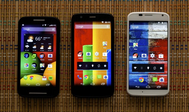 The Moto E, Moto G, and Moto X. The Moto E is a little smaller than the Moto G but they feel mostly the same in your hand.