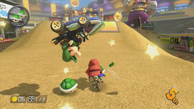Baby Luigi represents the reaction of sandbagging racers in this artistic rendering.