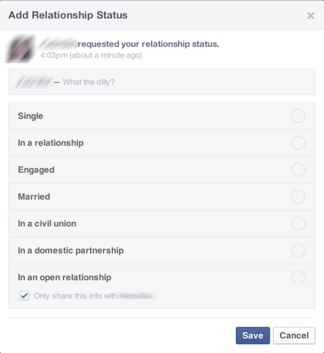 Thanks to Facebook's new "ask" function, friends can ask "what the dilly?" about relationship statuses, careers, high schools, and much more.