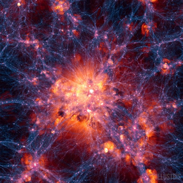 Gas clusters around a nexus of dark matter filaments within the new simulation.