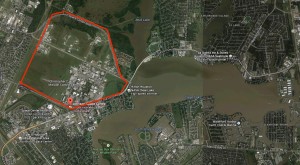The Johnson Space Center (approximate outline in red) sits right on the edge of Clear Lake.
