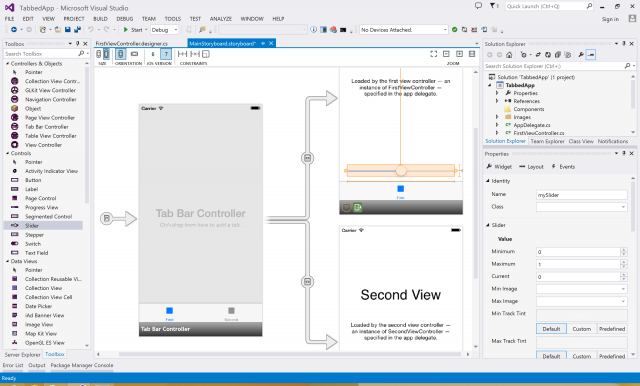 It's the Xcode Storyboard editor, but it's in Visual Studio, with the Visual Studio toolbox, Visual Studio double-click behavior, and so on and so forth. Now you never need to actually look at Xcode.
