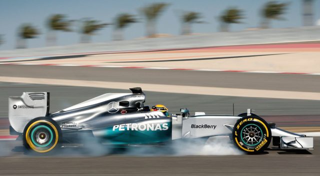 Lewis Hamilton locking up a brake in his Mercedes F1 W05.