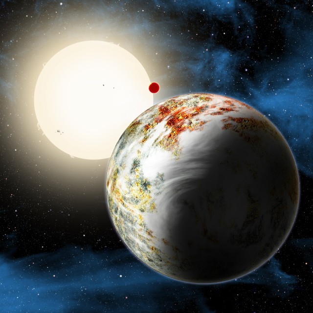 The massive "mega-Earth," Kepler-10c, shown orbiting outside of Kepler-10b, a massive lava world that completes an orbit in less than a day.