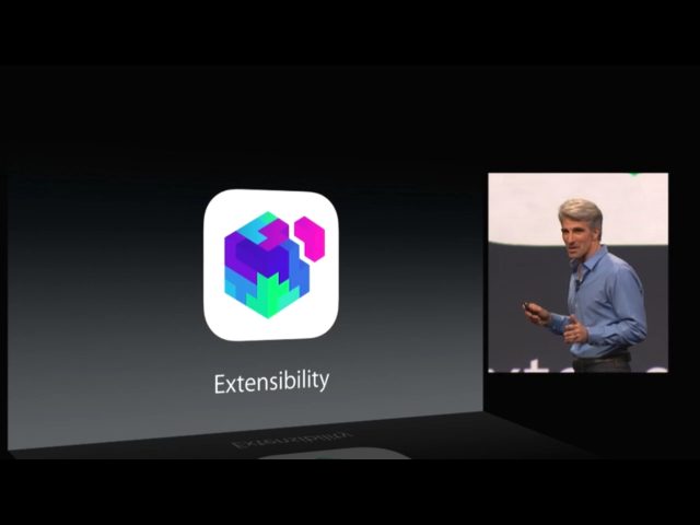 Apple's Craig Federighi introduces extensions at Apple's WWDC keynote.