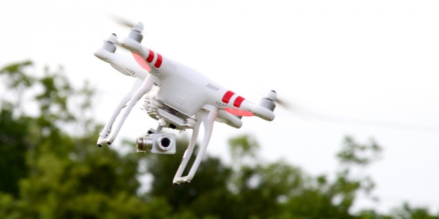 The DJI Phantom 2 Vision+ and its gimbal-stabilized camera, doin' its stabilization thing in flight.