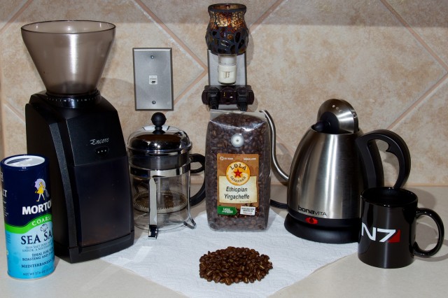 My coffee corner. This is what lets me face each day. (Most of the stuff here I bought based on <a href="http://thesweethome.com/reviews/gear-for-making-great-coffee/">TheSweetHome's</a> recommendations.)