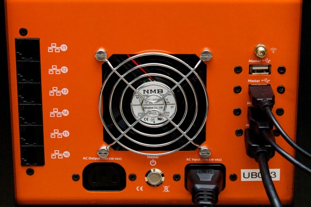 The rear of the Orange Box, showing Ethernet connections (they're attached to the internal switch and are used to expand the Orange Box—like if you wanted to cluster it with a twin), power, USB, and HDMI. The USB and HDMI connect to the control node.