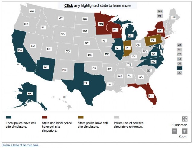 The 15 states in which the ACLU knows that police use cell phone tracking devices.